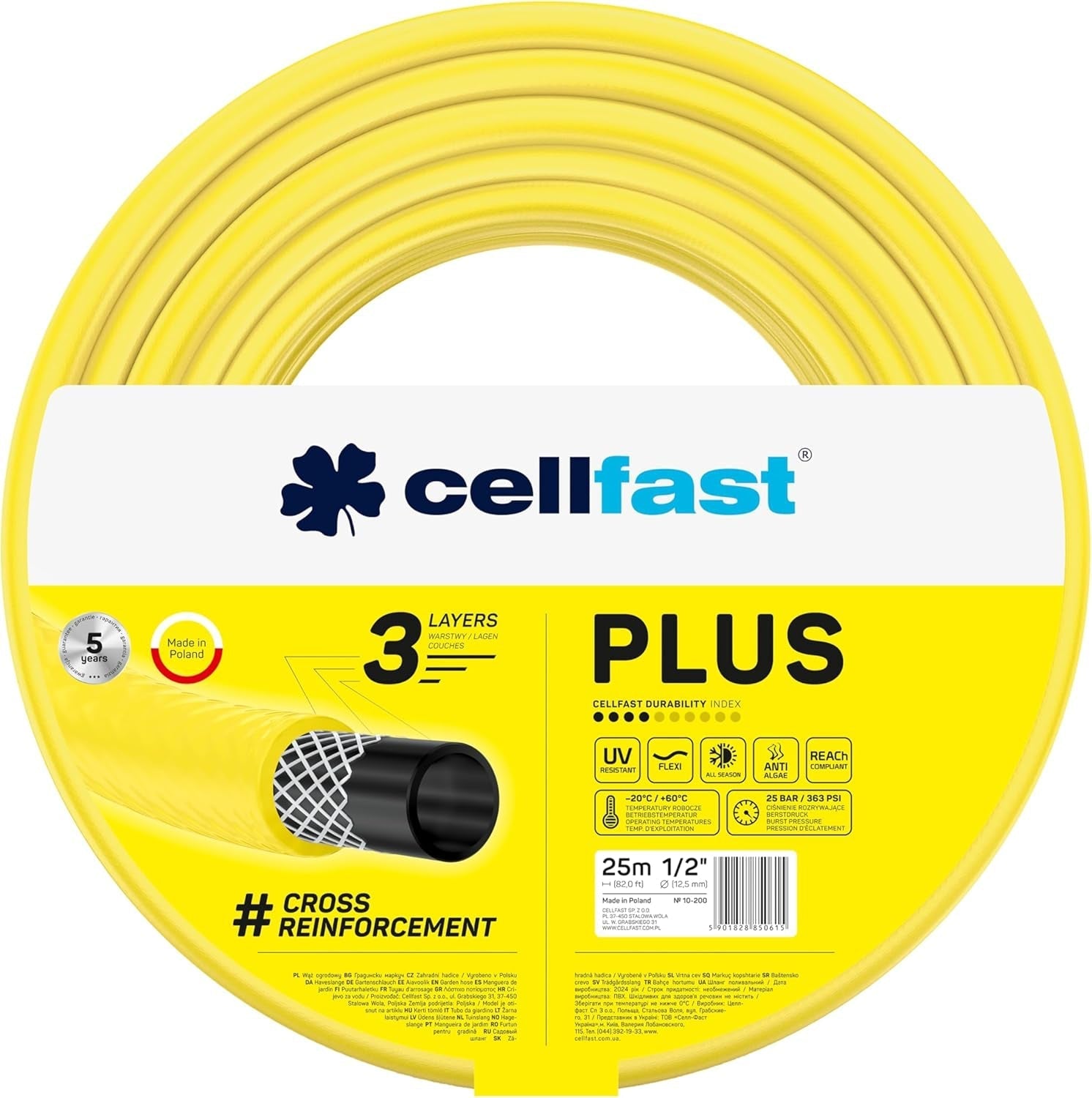 CELLFAST Tuinslang 3,4 inch 3-laags waterslang Tuin Flexibele irrigatieslang met duurzame draadversterking UV-bestendig Anti-algen 25 bar 50 meter en meer