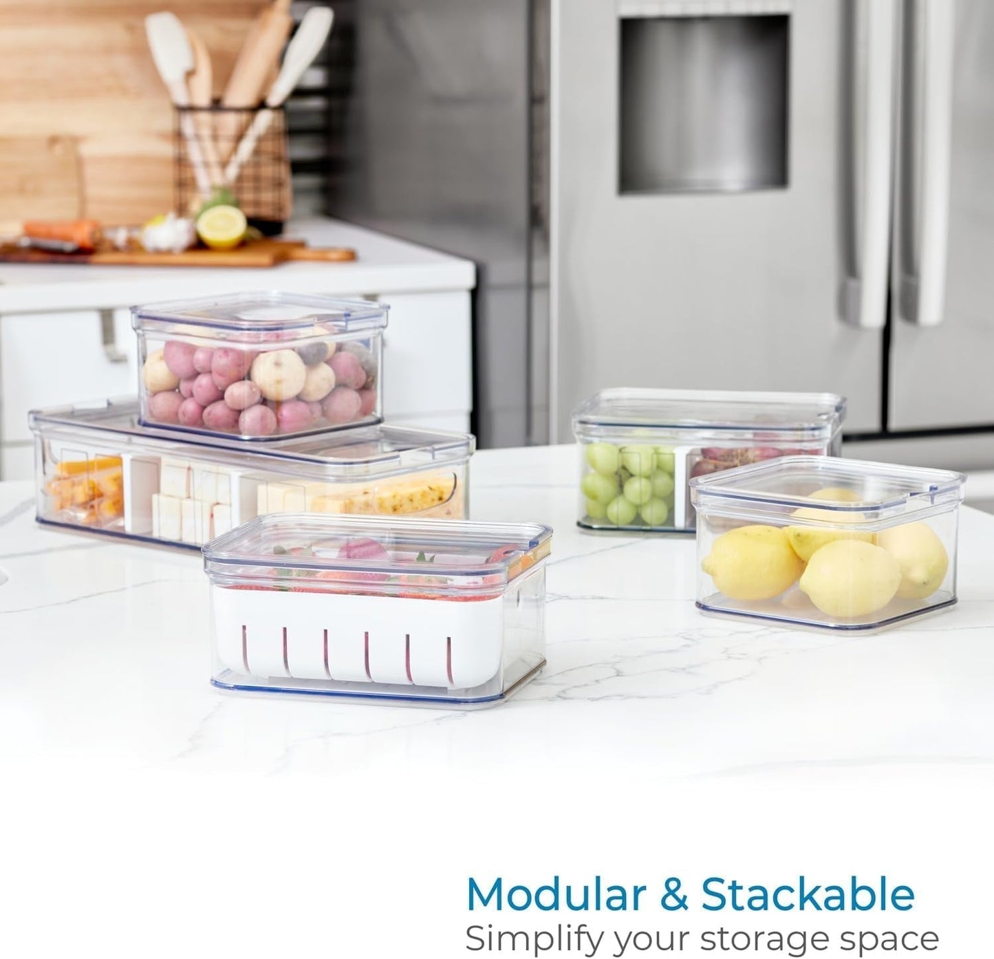 iDesign opbergdozen, koelkastorganizer met deksels in een set van 5, gerecyclede plastic voedselopbergdozen voor het organiseren van verbruiksartikelen, helder en wit Naty Shop voedselopbergdozen