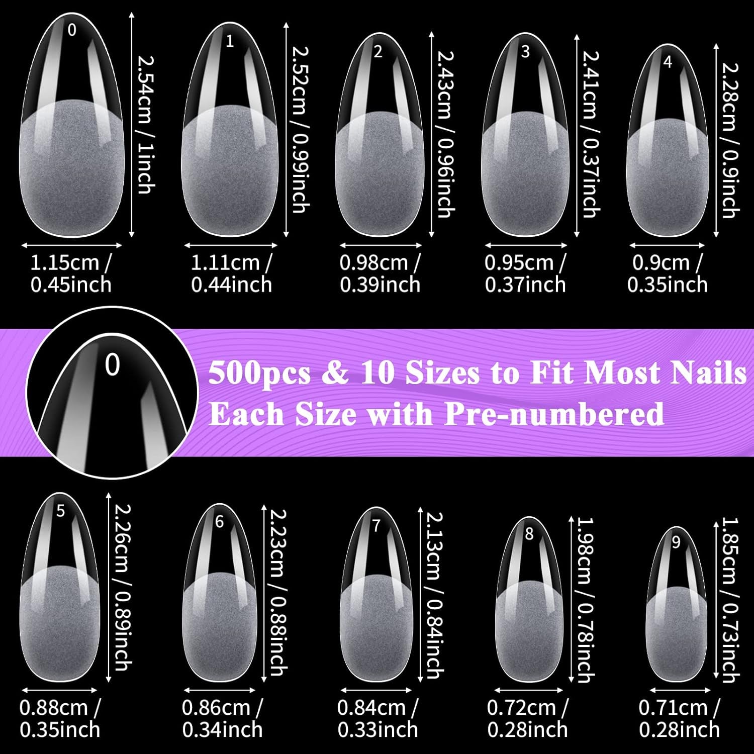 Becellen 500 stuks kunstnageltips, zachte gelnageltips, volledige dekking, gelnageltips, voorgepolijste kunstnagels, doe-het-zelf nagelkunstlijmset (amandelen)