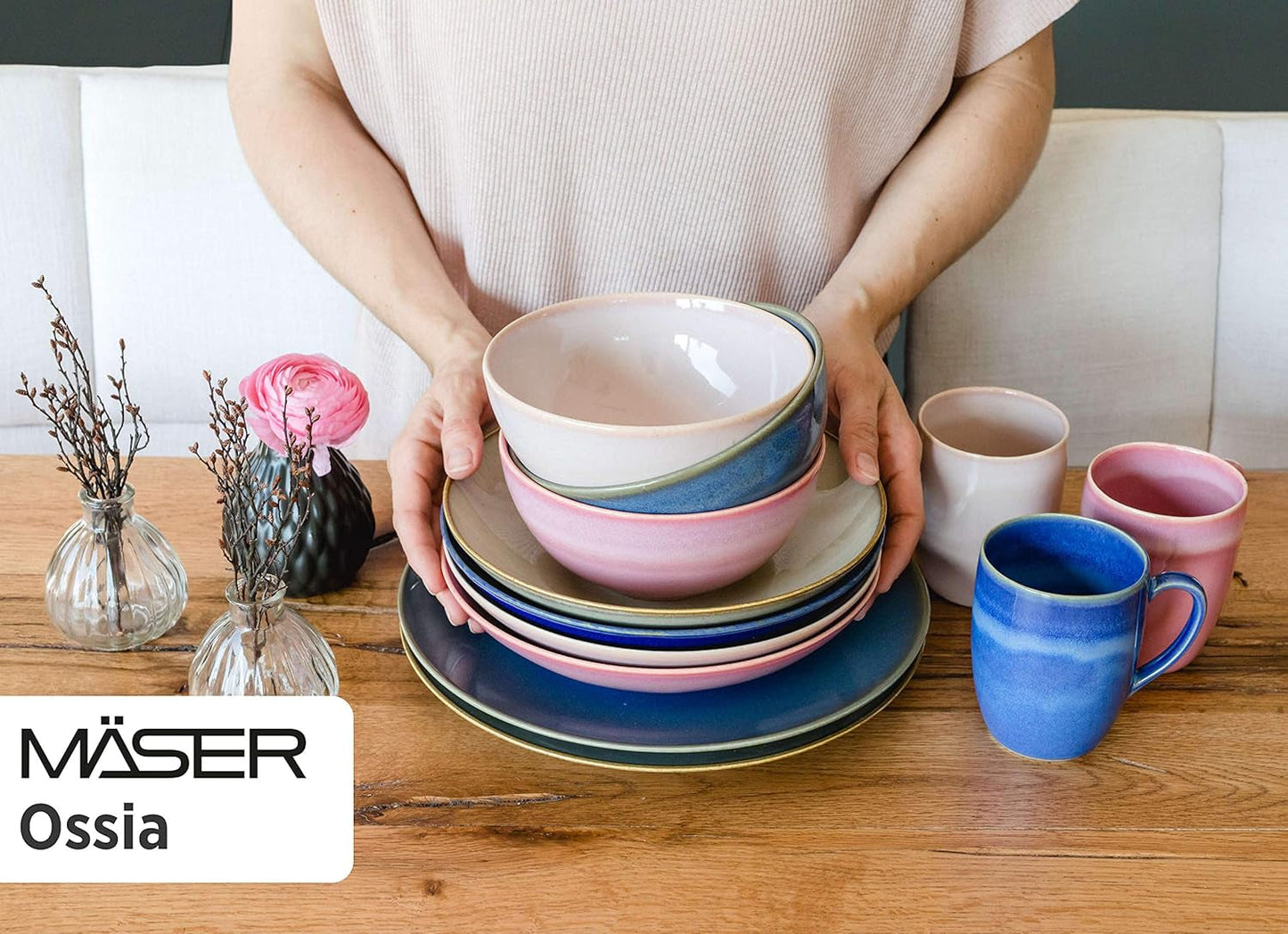 MÄSER 931736 serviesset voor 4 personen in vintage mediterrane look, gecombineerd servies met 16 stuks in zandgrijs, keramiek, zandgrijs