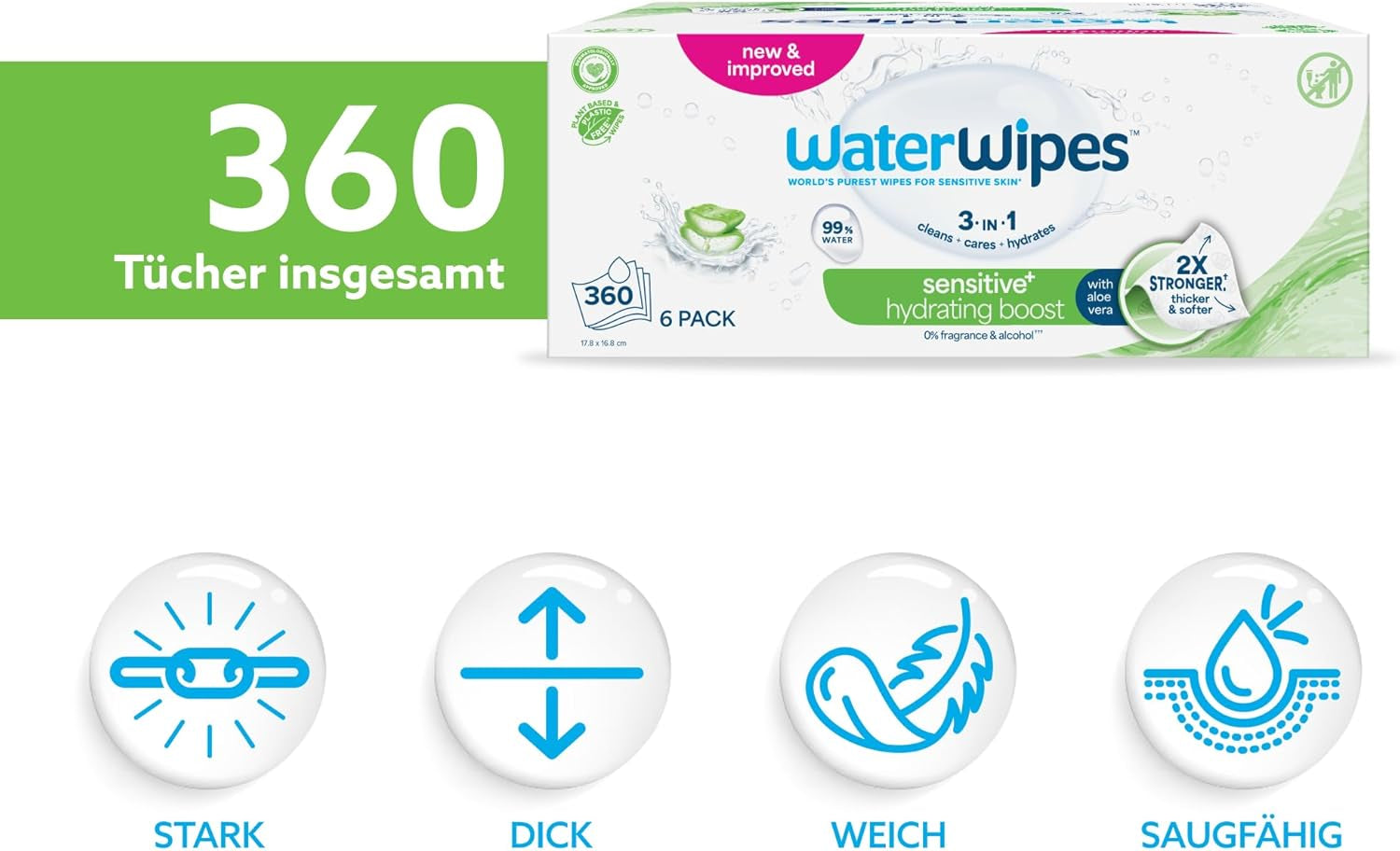 WaterWipes Sensitive+ Hydrating Boost Vochtige doekjes, Hydraterende doekjes, 360 stuks (6 stuks), 3 in 1 Schoon, Verzorgend, Hydrateren, 99% Aloë Vera Water, Ongeparfumeerde babydoekjes