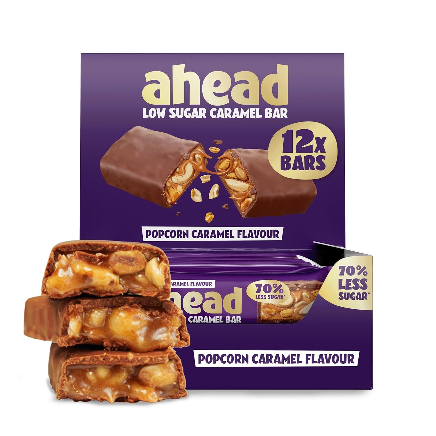 Karamel Hazelnoot Chocoladerepen vooruit | 12 chocoladerepen x 35 g zonder toegevoegde suiker | 1,9 g suiker per reep | Krokante hazelnoot- en karamelsmaak | Koolhydraatarme snoepjes | Geen palmolie