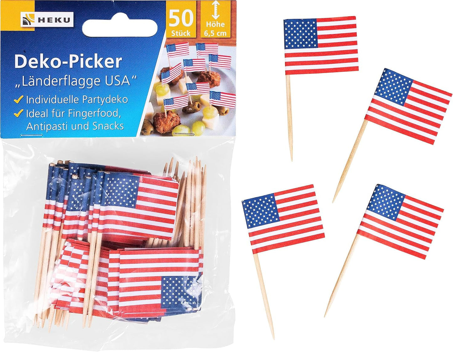 HEKU 191-dlg. USA Party Set I Papieren Borden Ø23Cm, Rode Bekers, 3-laags Servetten 33X33Cm, Decoratieprikker, Wimpelketting 10M I Ideaal voor themafeesten en nationale feestdagen