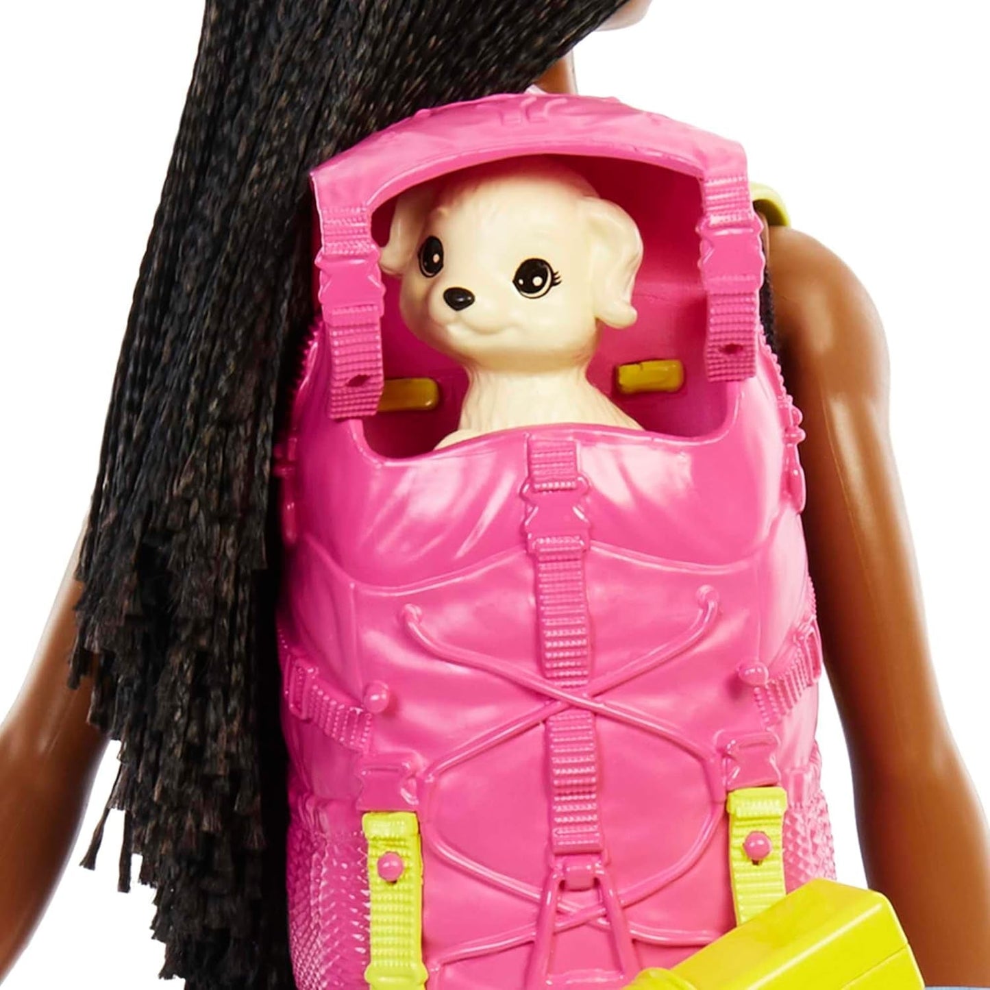 Barbie HDF74 Twinpack-pop! Brooklyn Camping Doll (Brunette met gevlochten staartjes, ca. 29 cm) met puppy, rugzak, slaapzak, 10 kampeeraccessoires, cadeau voor kinderen vanaf 3 jaar
