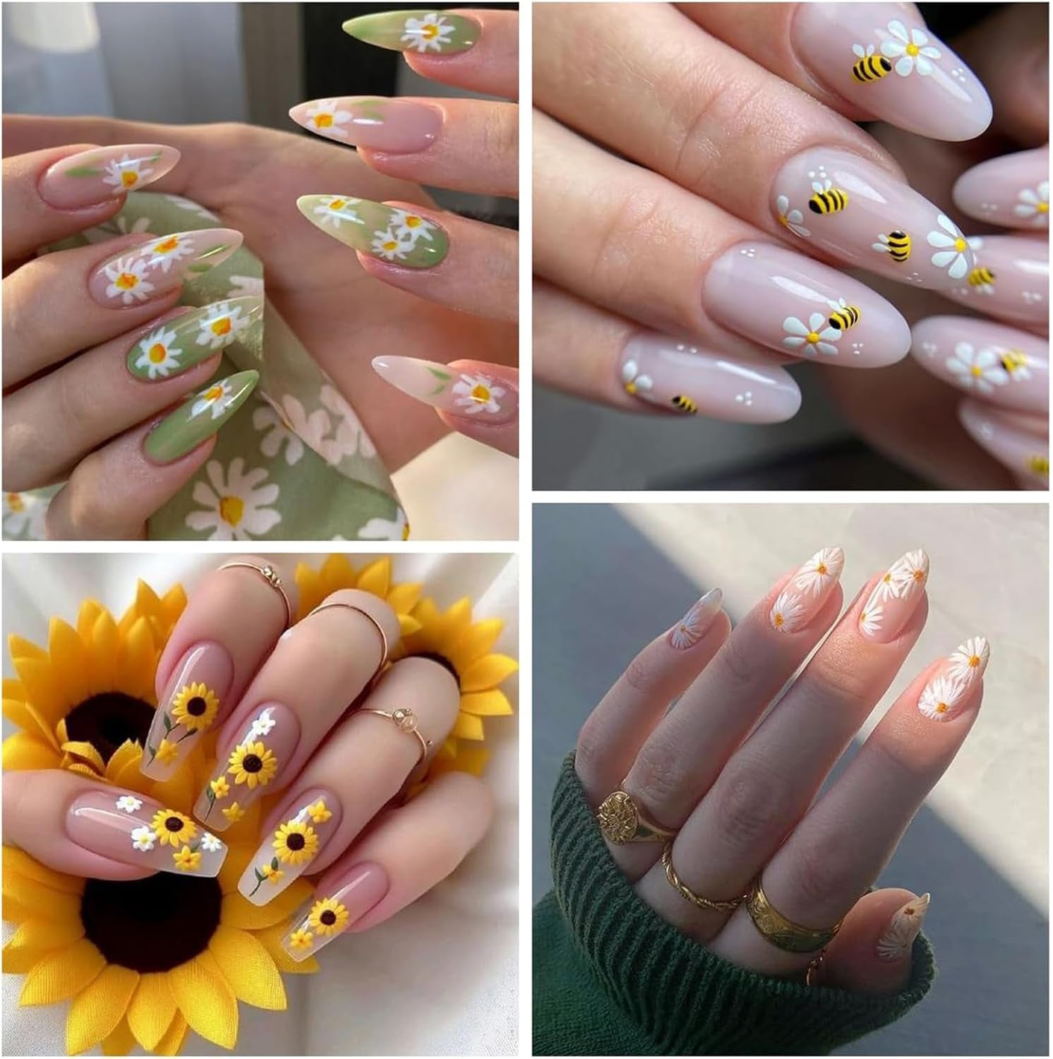 3 Stück Nagelsticker Set-Zelfklevende Nagelfolie Met Blumen- en Bienenmotifen-Nail Art Sticker Für Kreatives Nageldesign-Nageltattoos en Zubehör