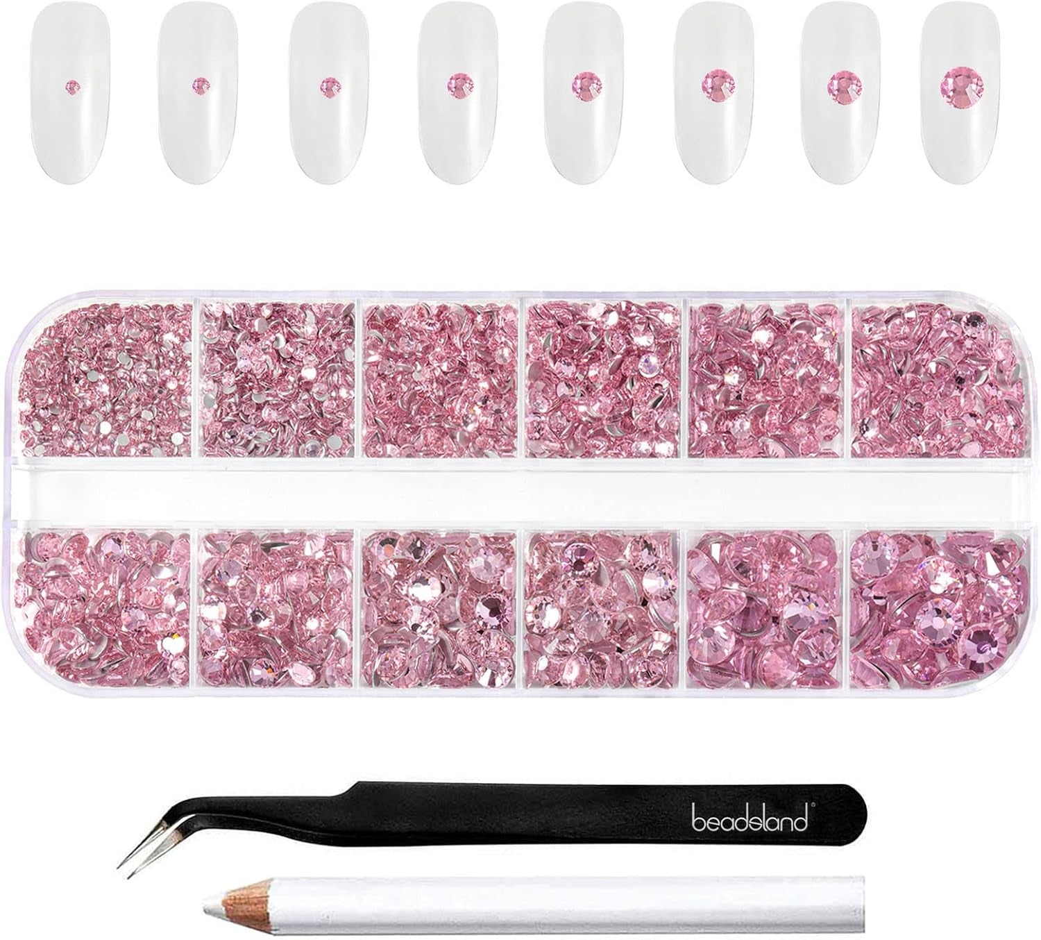 Beadsland 2500 stuks glas Nailart Strasssteine ​​Kristall Flatback Edelsteine ​​Runde, voor handwerk Gemischt 8 Größen SS4 ~ SS30 Mit Picking Pinzette en Stift (Kristall Weiss)