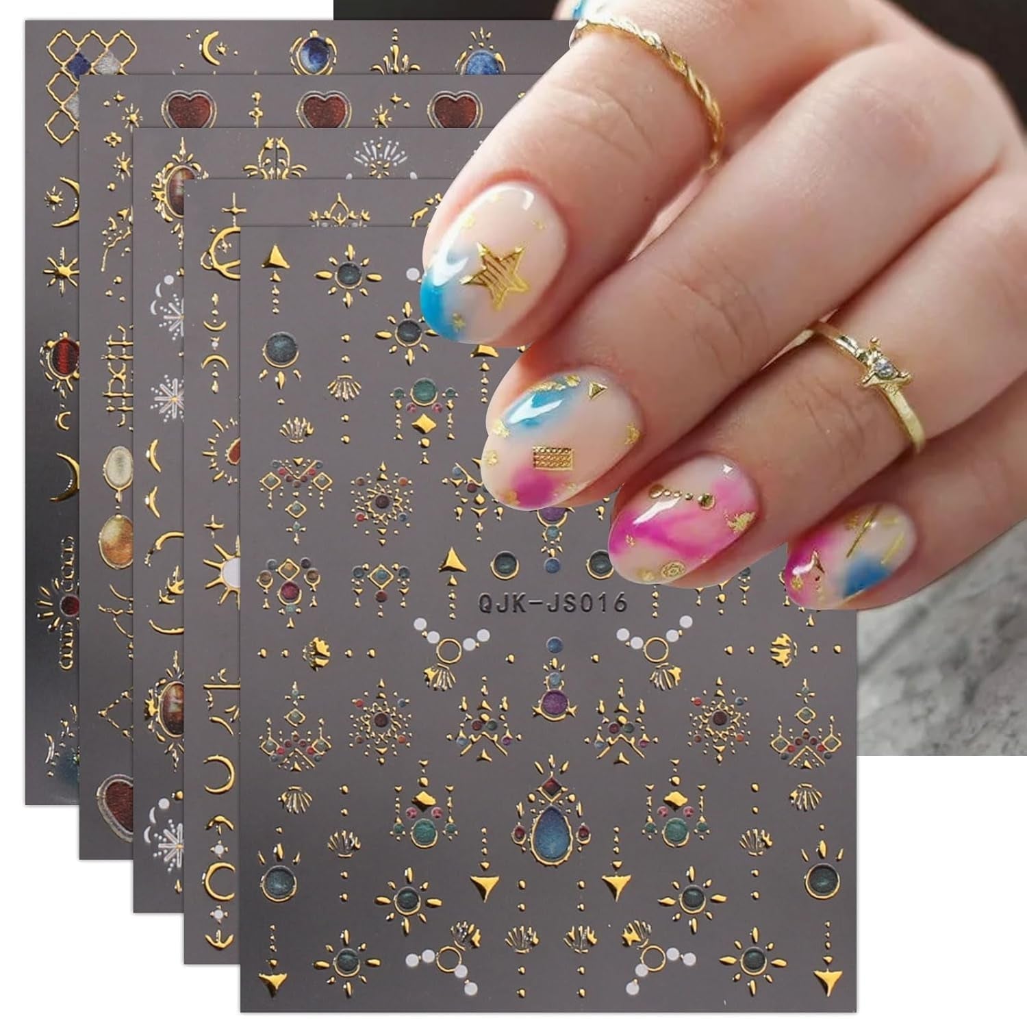 JMEOWIO Nagelsticker Herz Mond Stern 9 Blatt Nail Art Sticker Selbstklebend Nagelaufkleber Bunt Decoratie Nageldesign Zubehör