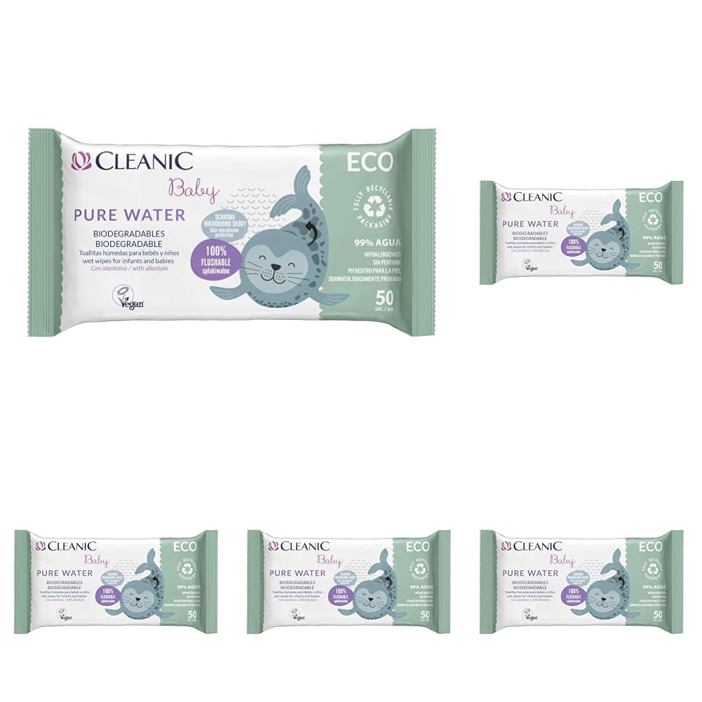 Cleanic Baby Eco Pure Water Vochtige Doekjes – (1 x 50 st.) Vochtige doekjes voor kinderen en zuigelingen – geurvrij, doorspoelbaar, gevoelige huid – 50 st.