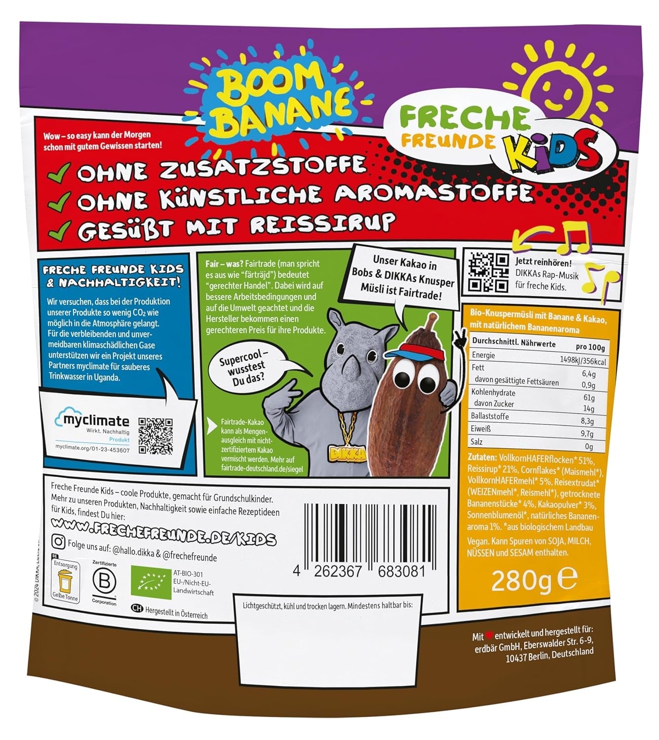 FRECHE FREUNDE KIDS, Bobs & DIKKAS Krokante banaan-cacaomuesli, knapperige chocolademuesli voor kinderen, suikerarm, geen toevoegingen, 100% veganistisch, 6 stuks (6 x 280 g)