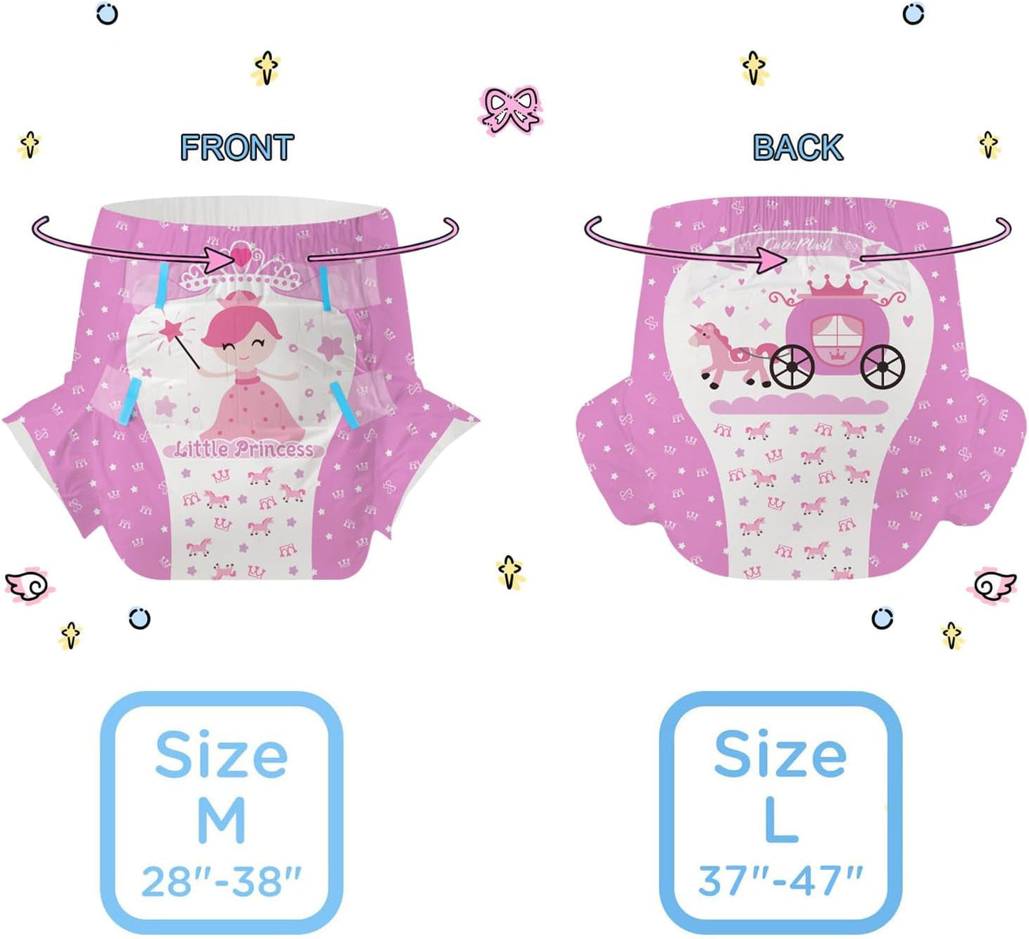 CutiePlusU luiers voor volwassenen, 10 stuks, wegwerpincontinentieslipjes met laken voor dames en heren, maximaal absorptievermogen 's nachts - kleine prinses (grote maat 94-119 cm)