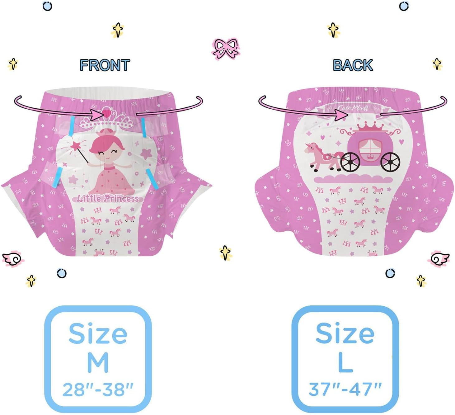 CutiePlusU luiers voor volwassenen, 10 stuks, wegwerpincontinentieslipjes met laken voor dames en heren, maximaal absorptievermogen 's nachts - kleine prinses (grote maat 94-119 cm)