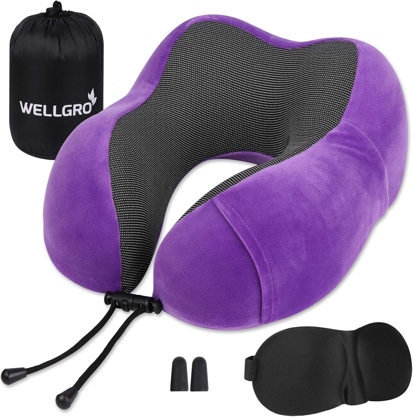 WELLGRO Nekkussenset met 3D-slaapmasker en oordopjes - Afneembare hoes - Traagschuim - Ritssluiting - Inclusief opbergtas - Reiskussen - Kleur selecteerbaar, Kleur: Grijs Naty Shop Paars Orthopedische Cervicale Kussens