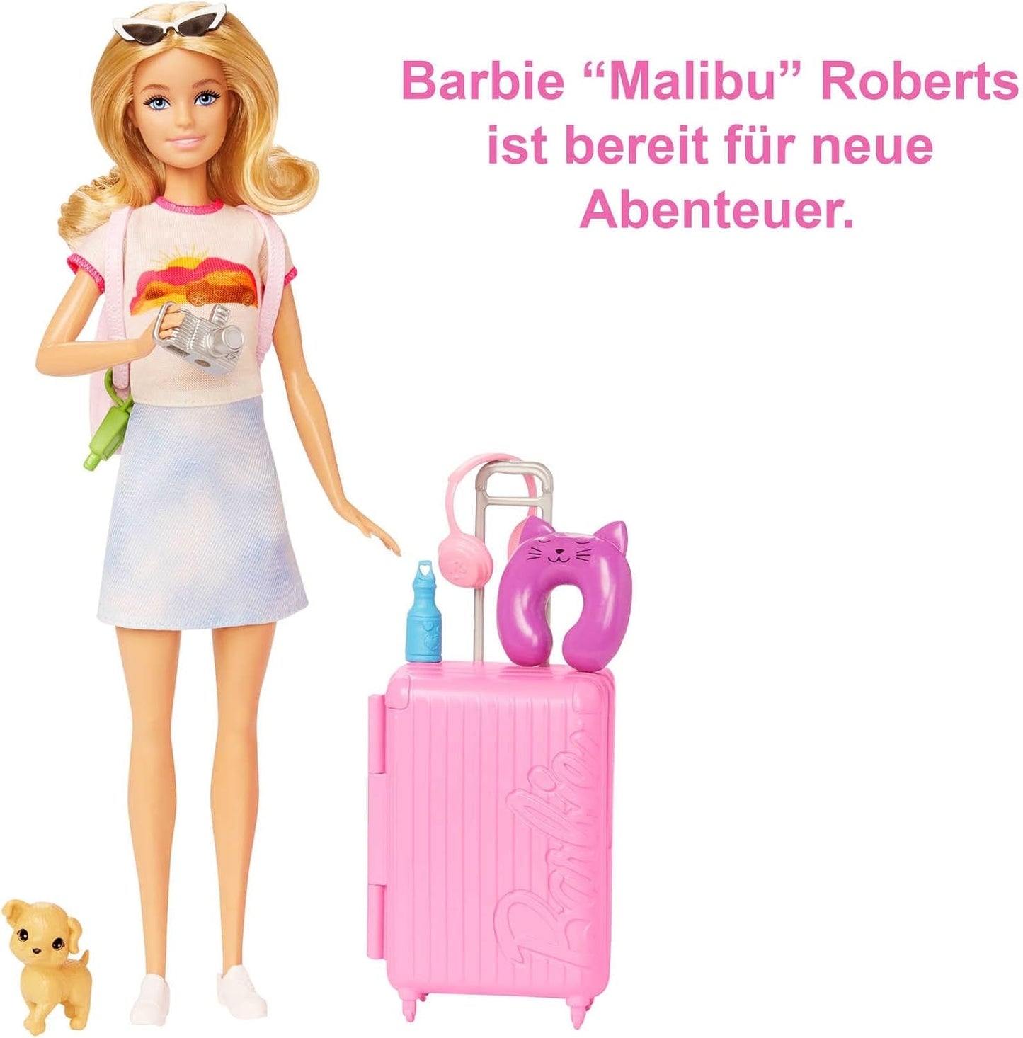 Barbie-pop, reisbarbie met blond haar, 10+ reisaccessoires, stickers, koffer, puppy, inclusief 1 pop, kindercadeau, speelgoed vanaf 3 jaar, HJY18