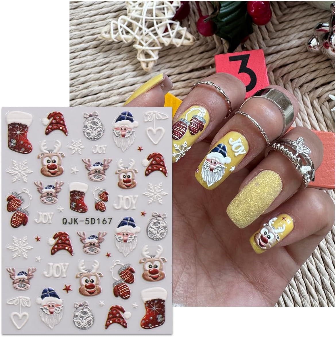 JMEOWIO 3D Nagelsticker Weihnachten Glitzer Nail Art Sticker Selbstklebend Nagelaufkleber 5D Stereoskopisch Schneeflocke Winterurlaub Süß Decoratie Nageldesign Zubehör 4 Blatt