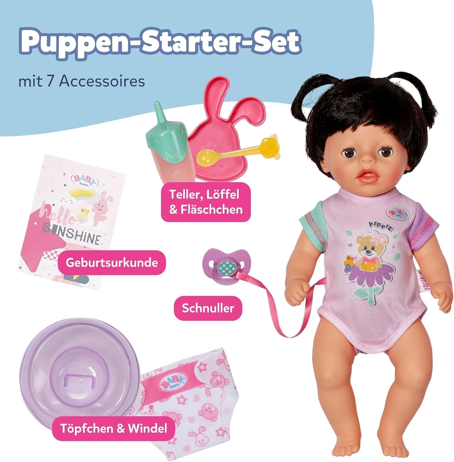 BABY Born Amy - pop van 36 cm - Babypop met 7 functies voor peuters vanaf 1 jaar - Werkt zonder batterijen - Inclusief accessoires en matras