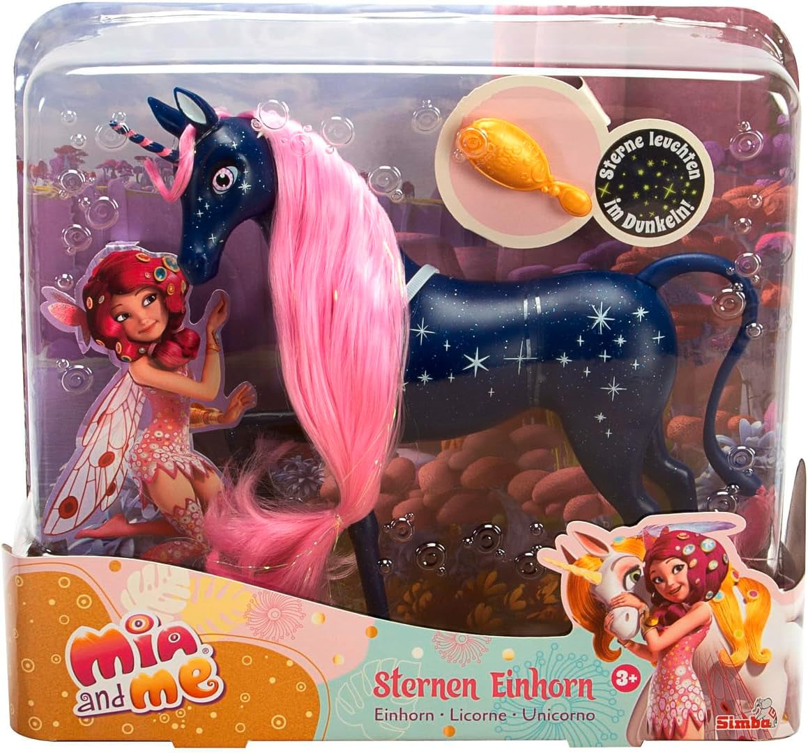 Simba 109483043 - Mia and Me Sterreneenhoorn 25 cm, speelgoedpaard met glow-in-the-dark sterren op lichaam en haarborstel, vanaf 3 jaar