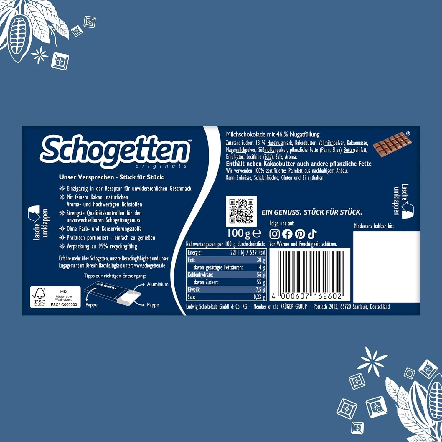 Schogenten Nougat chocoladereep 100g, individueel geportioneerd. Een genot. Stuk voor stuk.