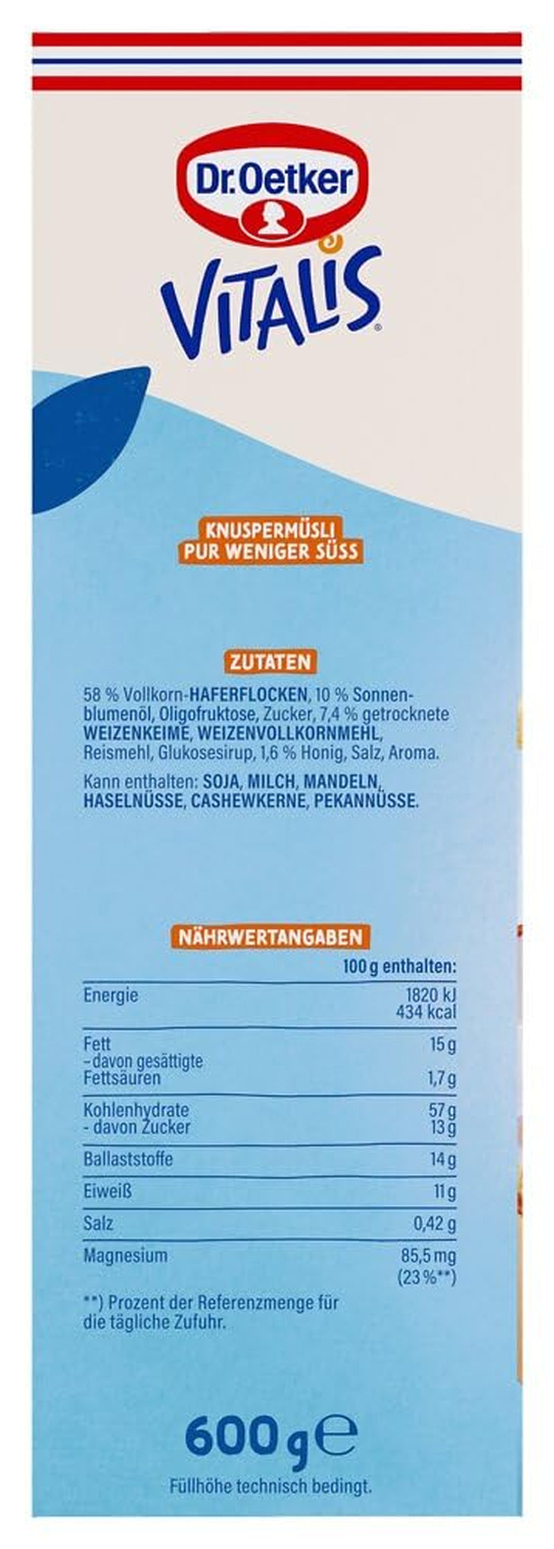 Dr. Oetker Vitalis Less Sweet Crunchy Pure: Krokante muesli met 30% minder suiker, verpakking van 5 (5 x 600 g)