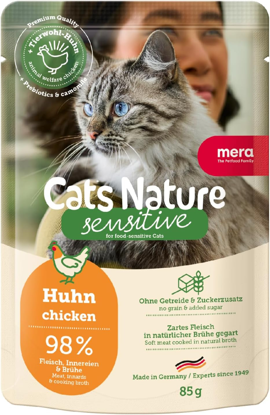 Natvoer voor katten MERA Cats Nature Sensitive met kip 12x85g | Mono-eiwit, suikervrij en graanvrij | Hoog vleesaandeel en licht verteerbaar natvoer voor katten