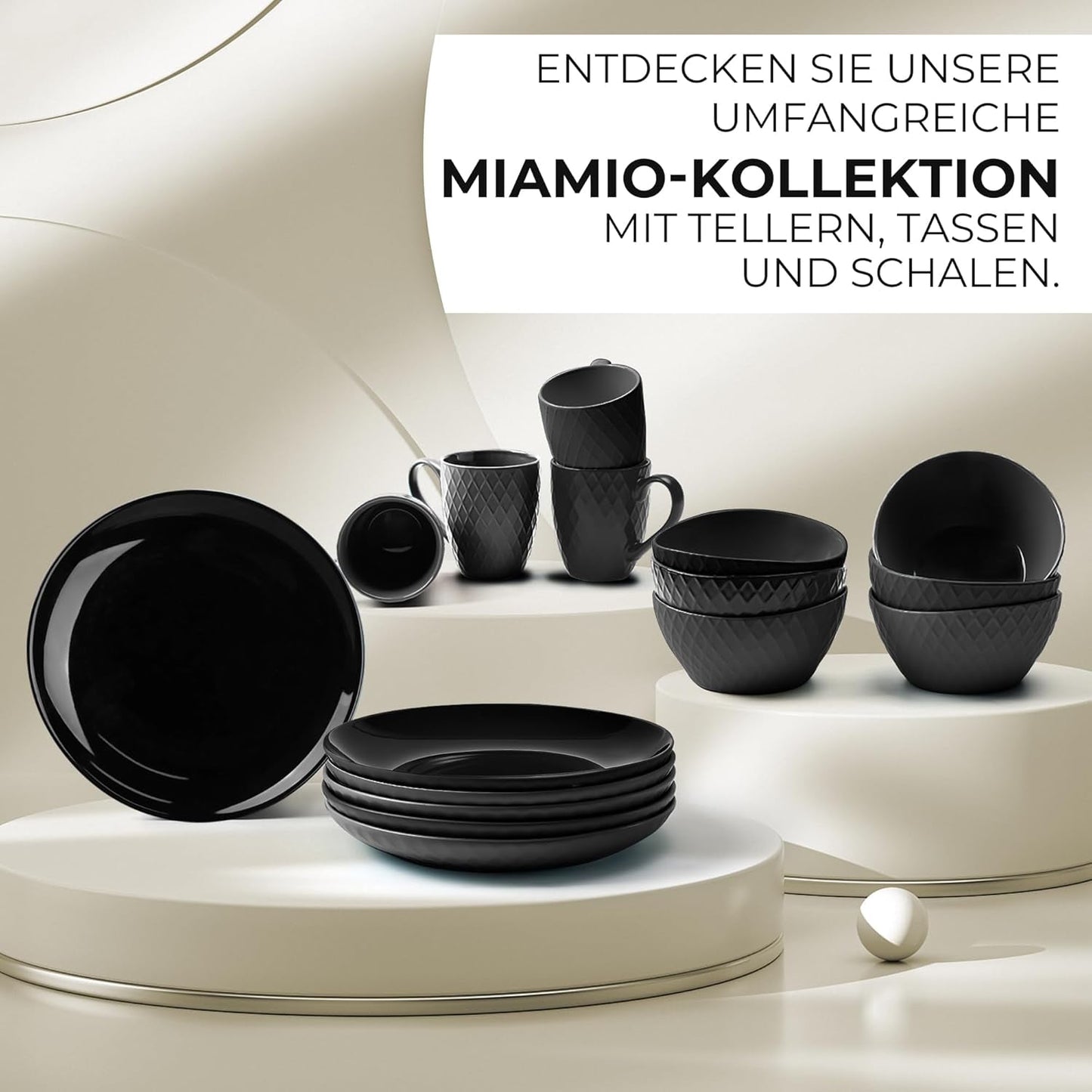 MIAMIO - 6-delig modern keramisch servies/bordenset voor 6 personen - Palmanova Collectie (Zwart, Grote borden (6x))