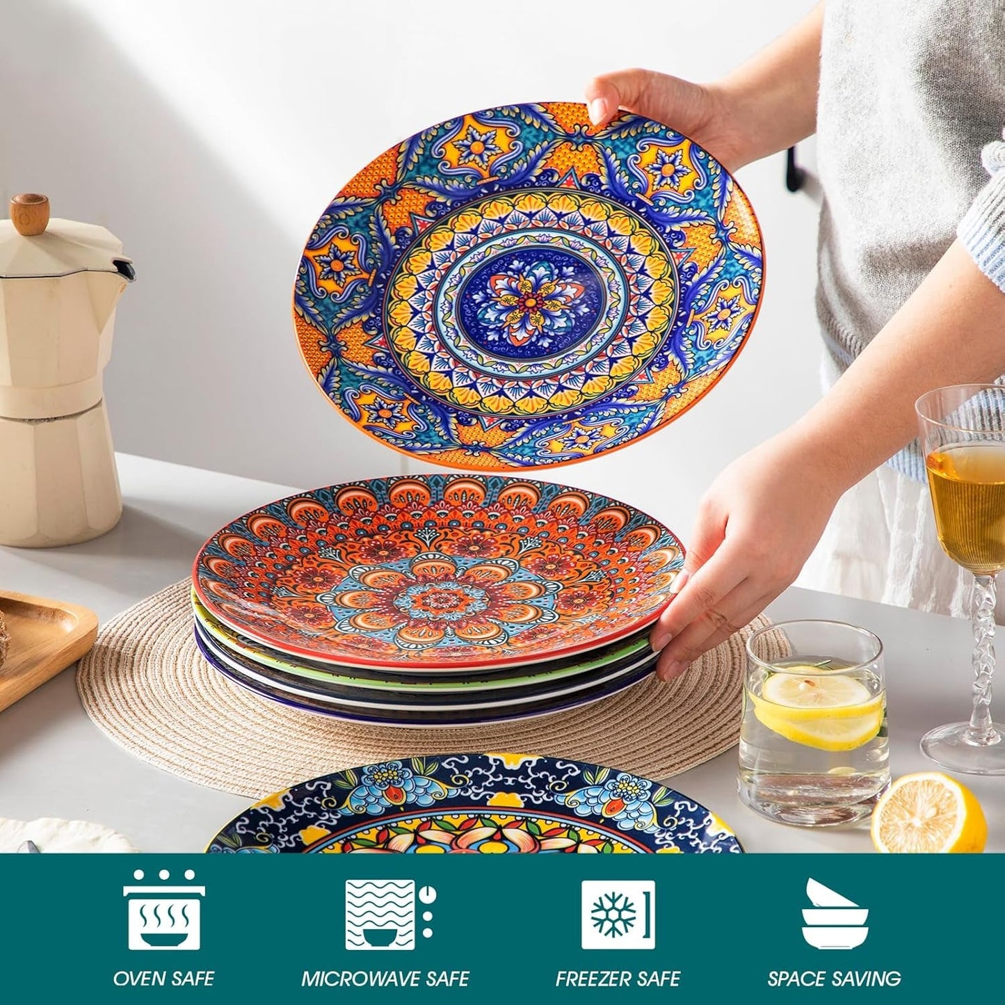 Dinerbordenset voor 6 personen, vancasso KRVI bordenset voor 6 personen, bordenset Ø 27 cm, vaatwasser- en magnetronbestendig, pastaborden, ontbijtborden, taartborden