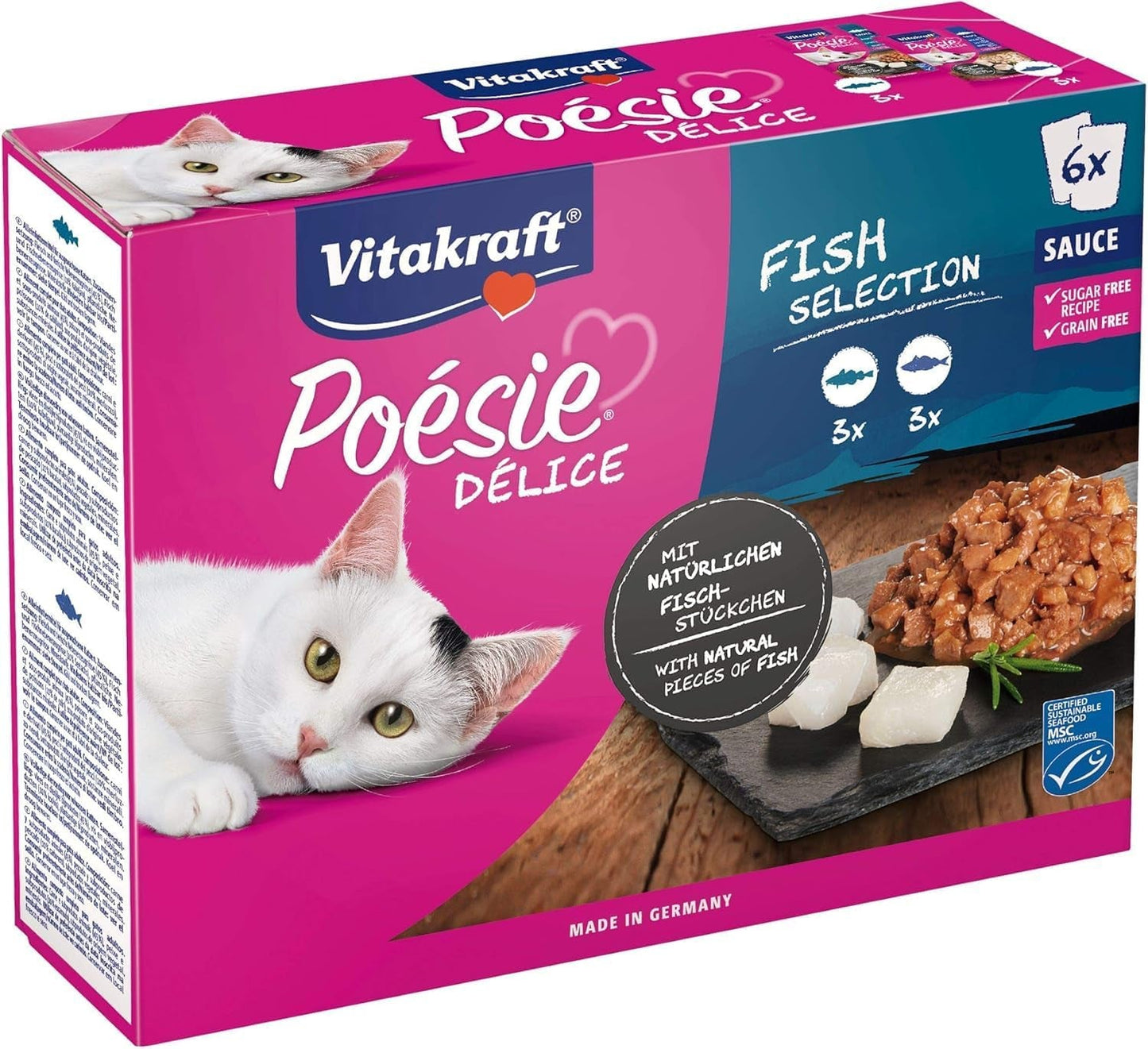 Vitakraft Poésie Délice, Fish Selection, Nassfutter Katze, Katzennassfutter in Sauce, met Seelachs, met Kabeljau, ohne Zusatz von Zucker en Getreide (1 Paket met 6x 85g)