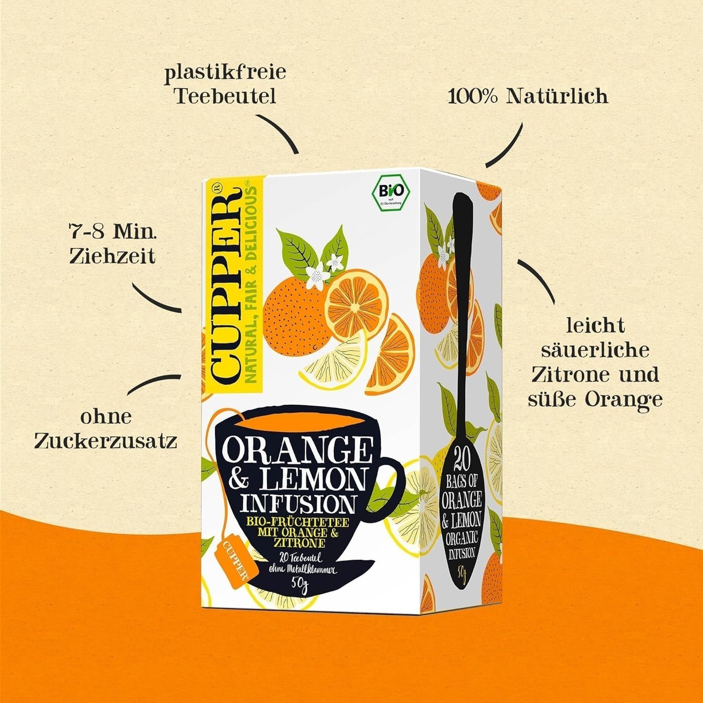 CUPPER Biologische fruitthee "Orange & Lemon Infusion", 20 ongebleekte theezakjes, biologisch, fairtrade
