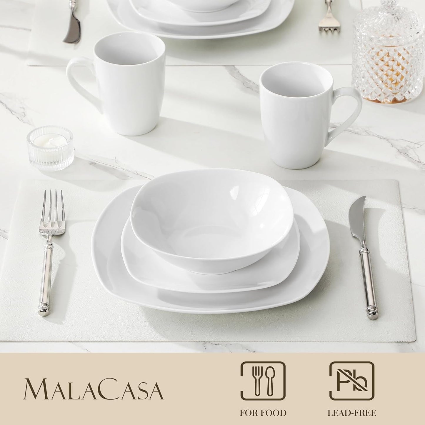 MALACASA Serviesset voor 4 personen, 16-delig wit porseleinen servies, moderne serviesset met 4 dinerborden, dessertborden, Suma-borden en kopjes, ELISA-serie