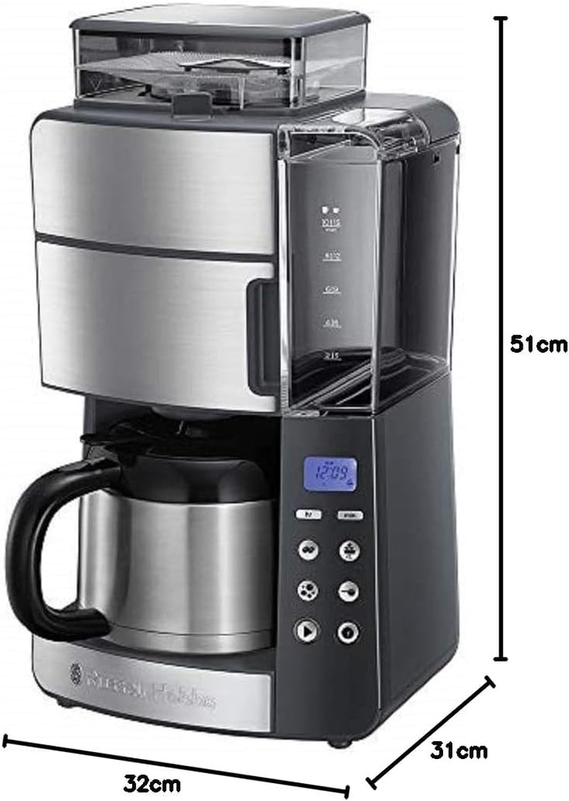 Russell Hobbs koffiezetapparaat met molen en thermische karaf [digitale timer, douchekop voor optimale extractie en aroma] Grind&Brew (1-10 kopjes, 3 maalinstellingen) Filterkoffiezetapparaat 25620-56