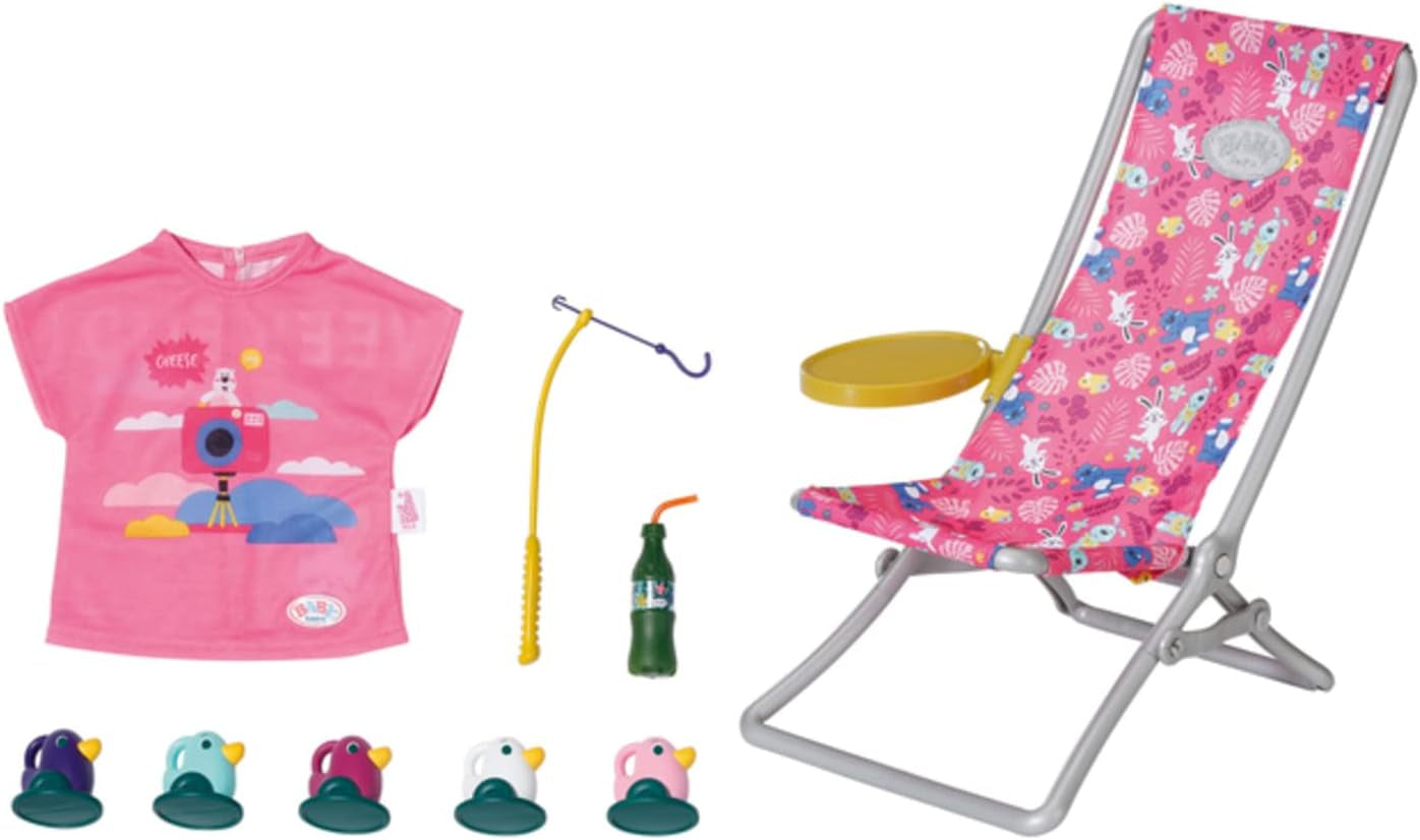 BABY born 832790 Weekend Fishing - Visserijpop accessoireset met ligstoel met levendige print, bijzettafel, glas, mand, eendjes en hengel en roze lang shirt, Roze