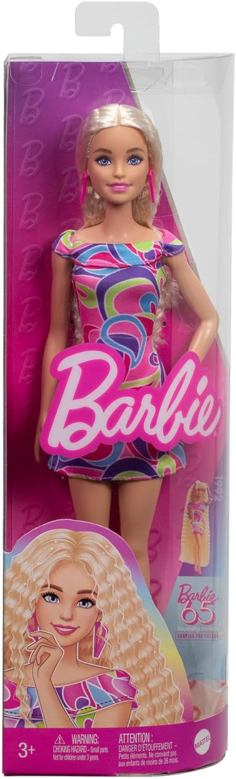 Barbie Fashionistas #223 pop met golvend blond haar, jurk en accessoires geïnspireerd door Totally Hair, 65-jarig jubileum verzamelbare modepop, HRH20