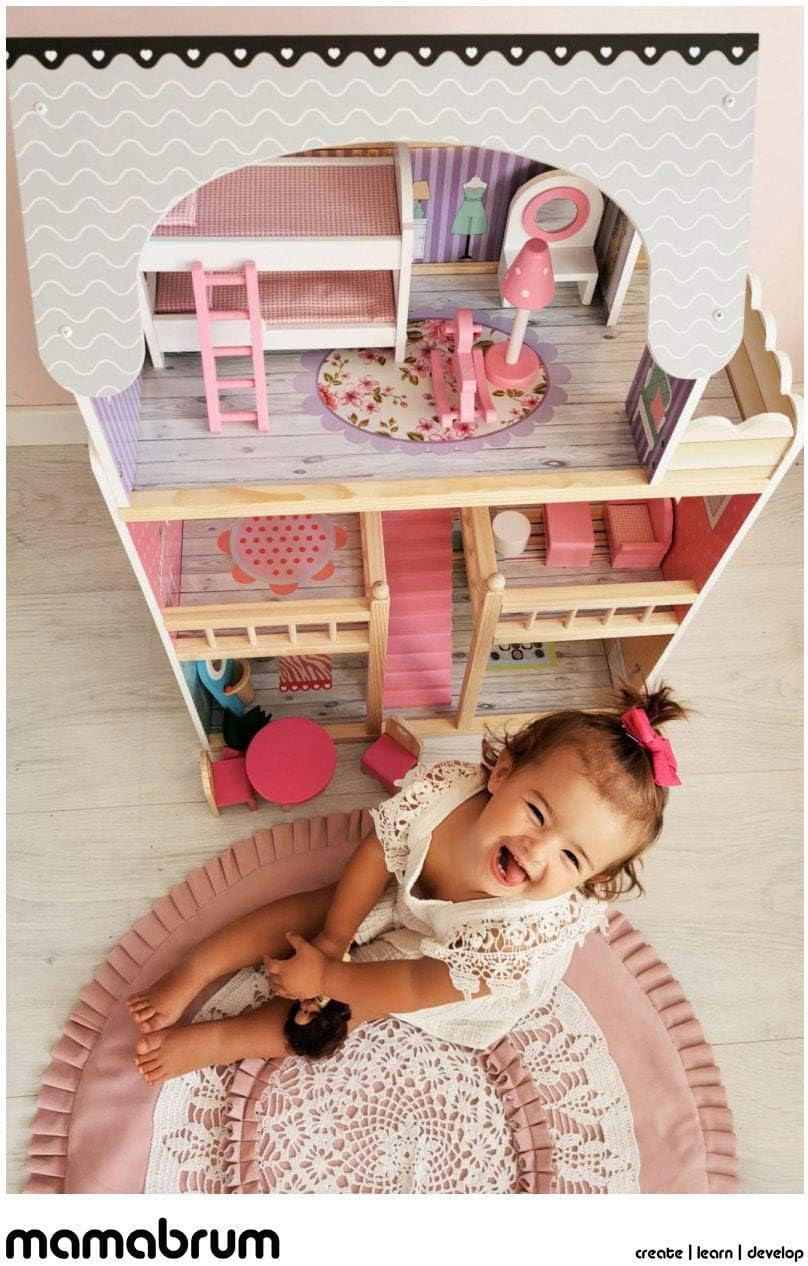 A405 LED-verlicht poppenhuis - 3 verdiepingen en meubelset - Houten speelhuis inclusief accessoires: keuken, badkamer, slaapkamer - Cadeau voor meisjes vanaf 3 jaar Poppenhuizen Naty Shop