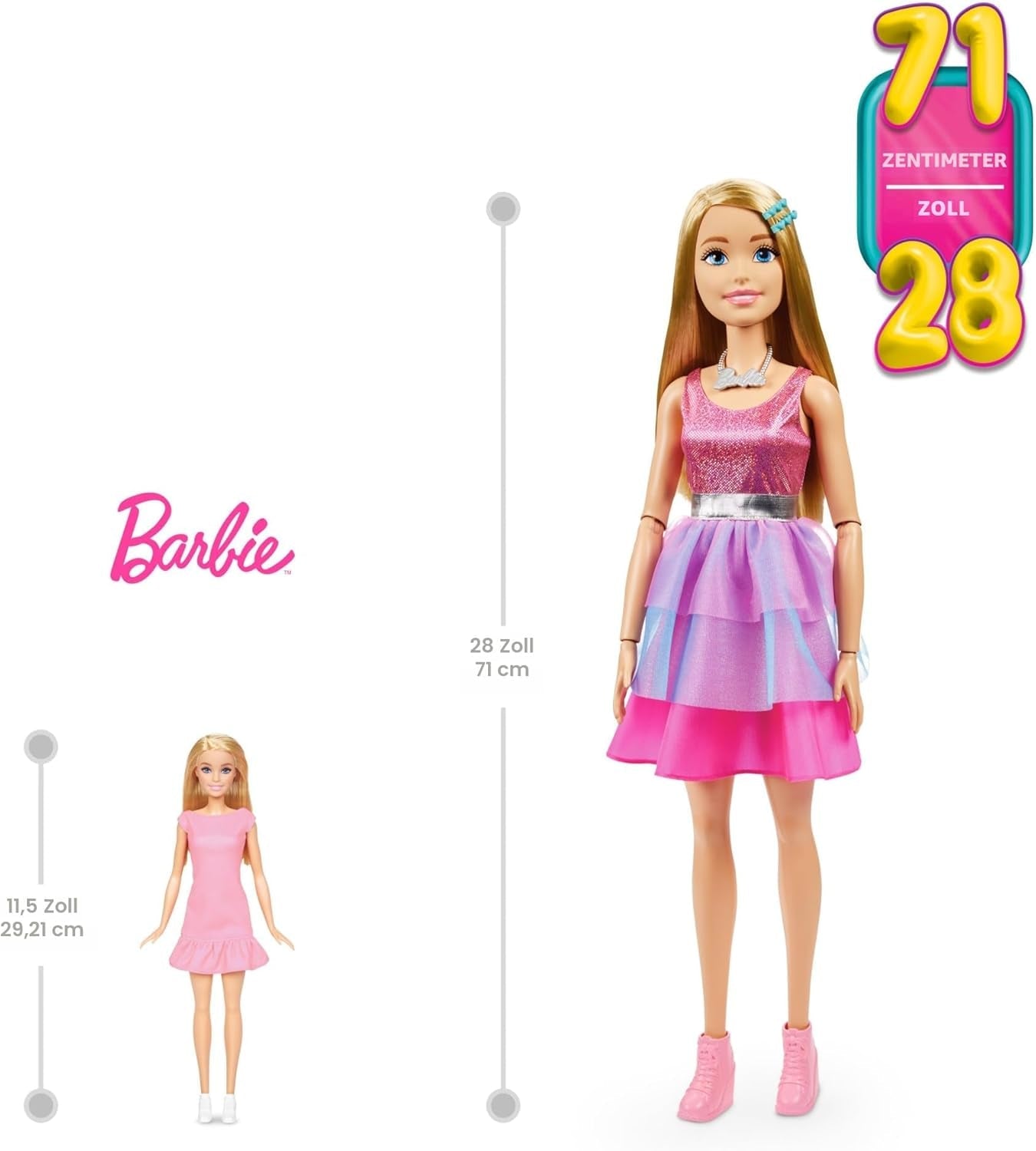 Barbie extra grote pop (71 cm) - roze jurk, blond haar met clip en ketting, cadeau voor 3 jaar en ouder, HJY02