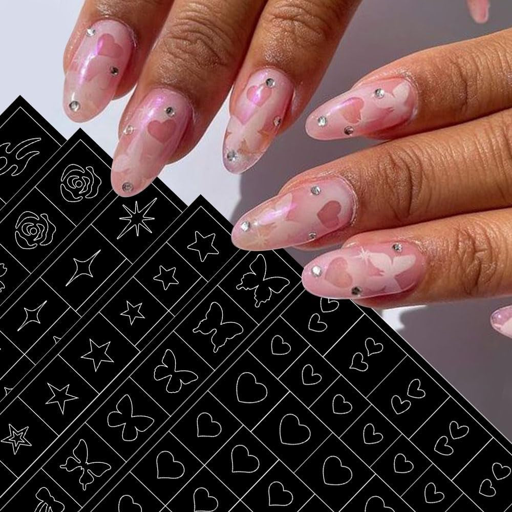6 vellen airbrush-sjabloon nagelstickers, vlindervlam sterren hart sterren nagelstickers afdrukken stencilgereedschap nagelkunst zelfklevende stickers voor vrouwen nagelkunstontwerpstickers