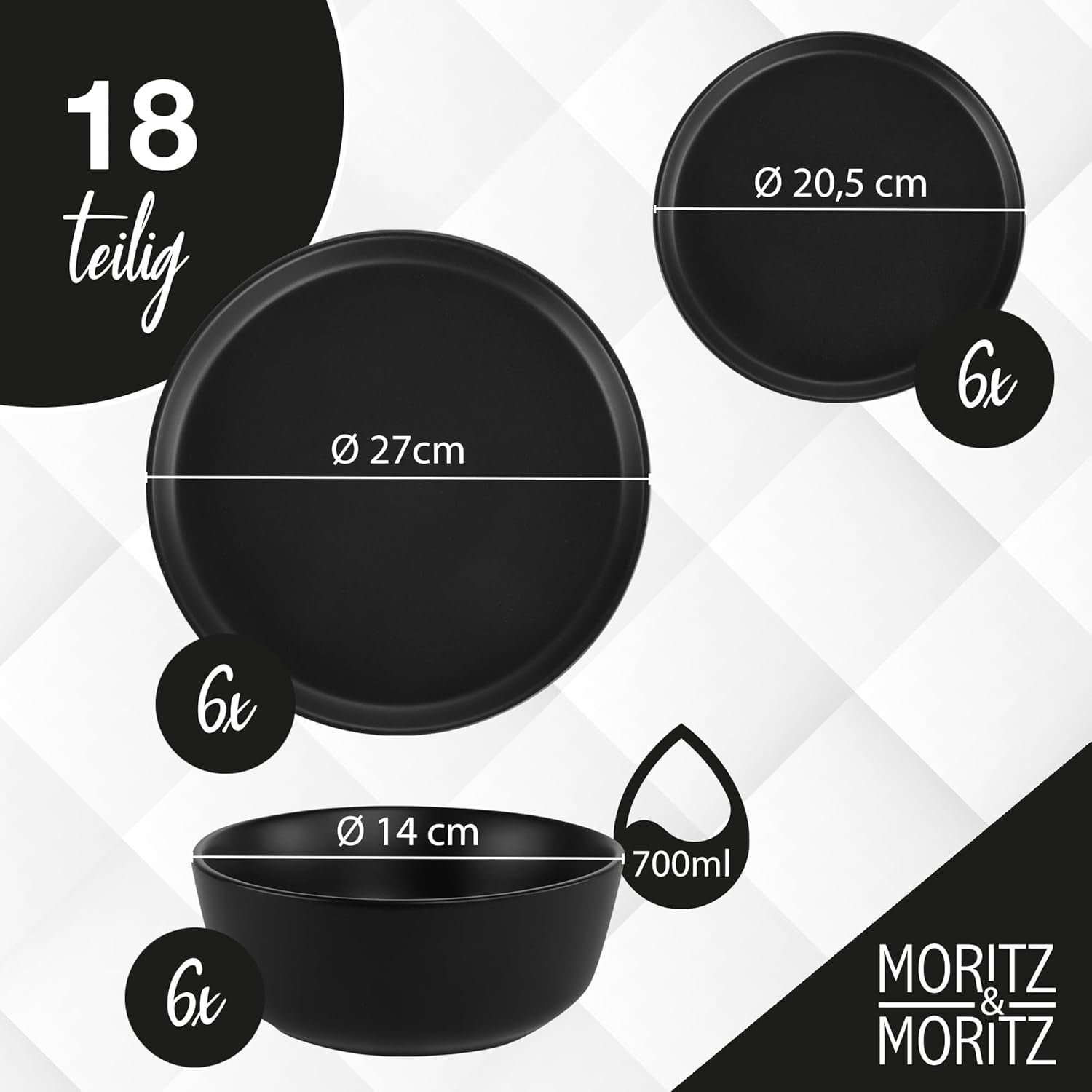 Moritz & Moritz NORDIC 6-persoons serviesset - 18-delige zwarte steengoed serviesset - Scandinavisch design - 6-persoons robuuste serviesset voor dagelijks gebruik en gasten - gecombineerde serviesset