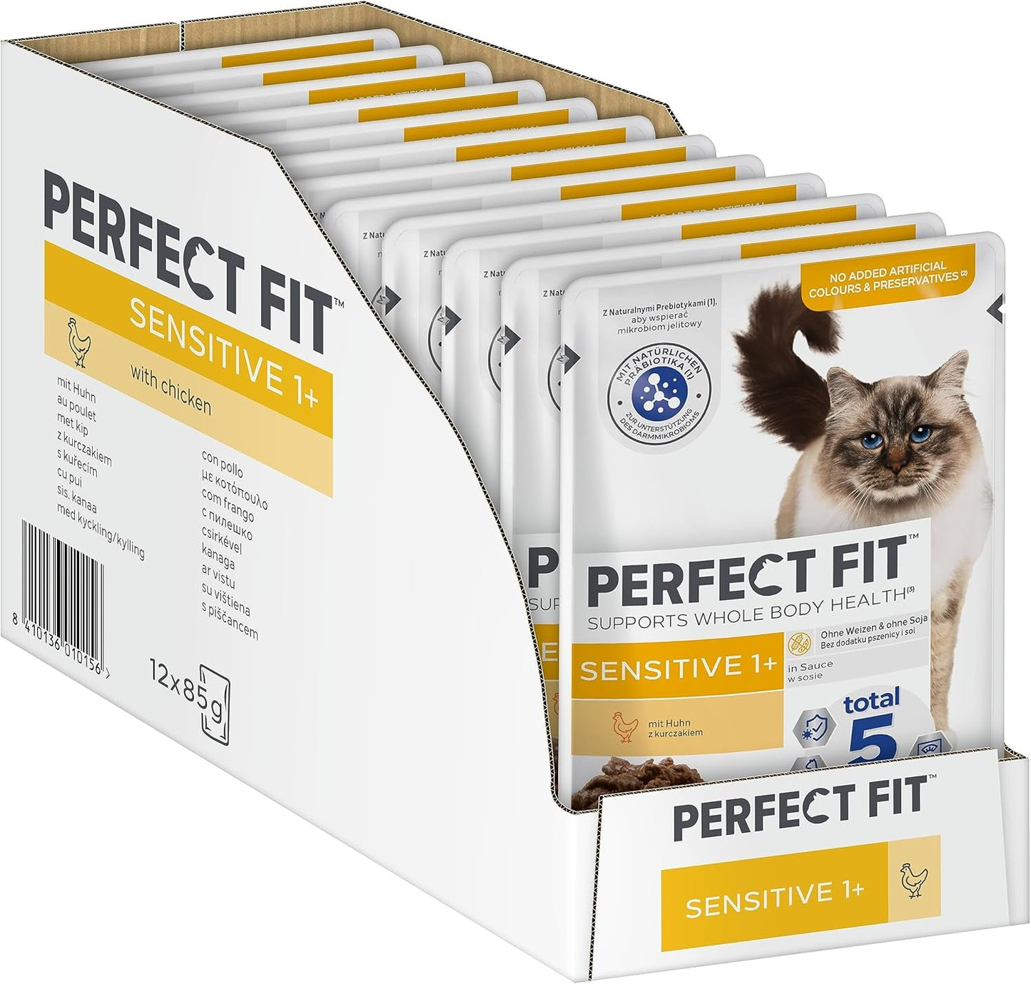 Natvoer voor katten Perfect Fit Sensitive 1+ met kip in saus, 12 zakjes, 12 x 85g - Premium natvoer voor gevoelige katten vanaf 1 jaar, zonder tarwe en soja, ter ondersteuning van de spijsvertering