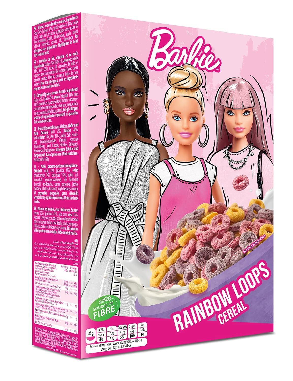 Barbie Rainbow Loops ontbijtgranen, kleurrijke ringen van tarwe, haver en maïs met fruitsmaak voor het perfecte ontbijt, 1 pakje (1 x 350 g)