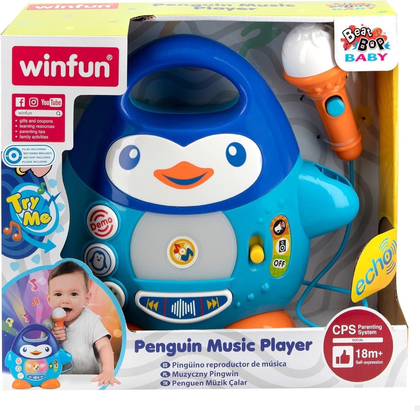 WinFun karaoke-muziekspeler, pinguïn-design, met zwaailichten en echo-effecten, in blauw, speelse stijl, USB-aansluiting Babyspeelgoed Naty Shop