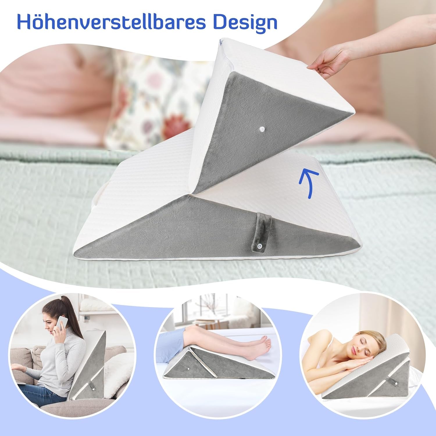 KINDEREN Verstelbaar wigkussen, leeskussen van schuim met hoge dichtheid voor bed en bank, ergonomisch bedwighoofdkussen voor slaaprefluxapneu, beenkussen/rugkussen voor spelen en lezen (wit en grijs)