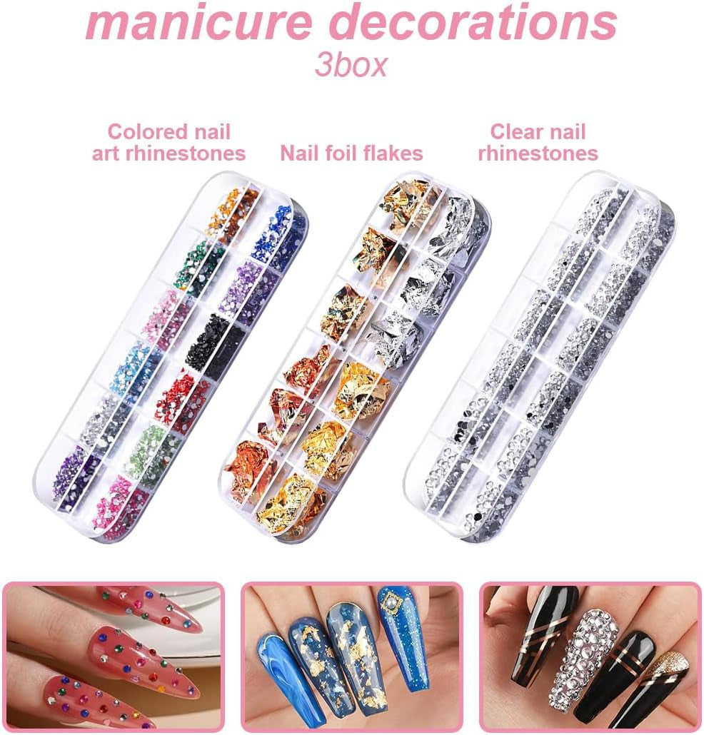 Nagelstickers en accessoireset - 5 nagelstickers, penseel, stenen, decoratieve tape, goudfolie - perfect voor manicure en gelnagels - 50-delige set