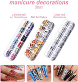 Nagelstickers en accessoireset - 5 nagelstickers, penseel, stenen, decoratieve tape, goudfolie - perfect voor manicure en gelnagels - 50-delige set