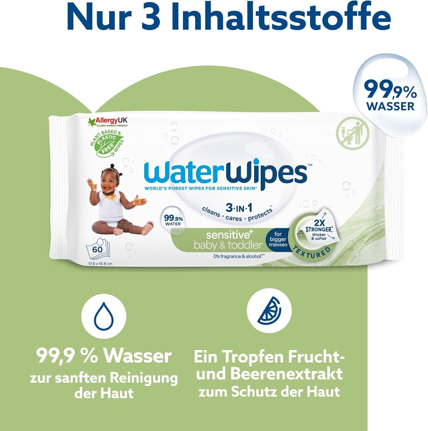 WaterWipes Sensitive+ vochtige doekjes voor baby's en peuters, 720 stuks (12 stuks), 3-in-1 reiniging, verzorging, bescherming, 99,9% water, structuurreiniging, geurvrij