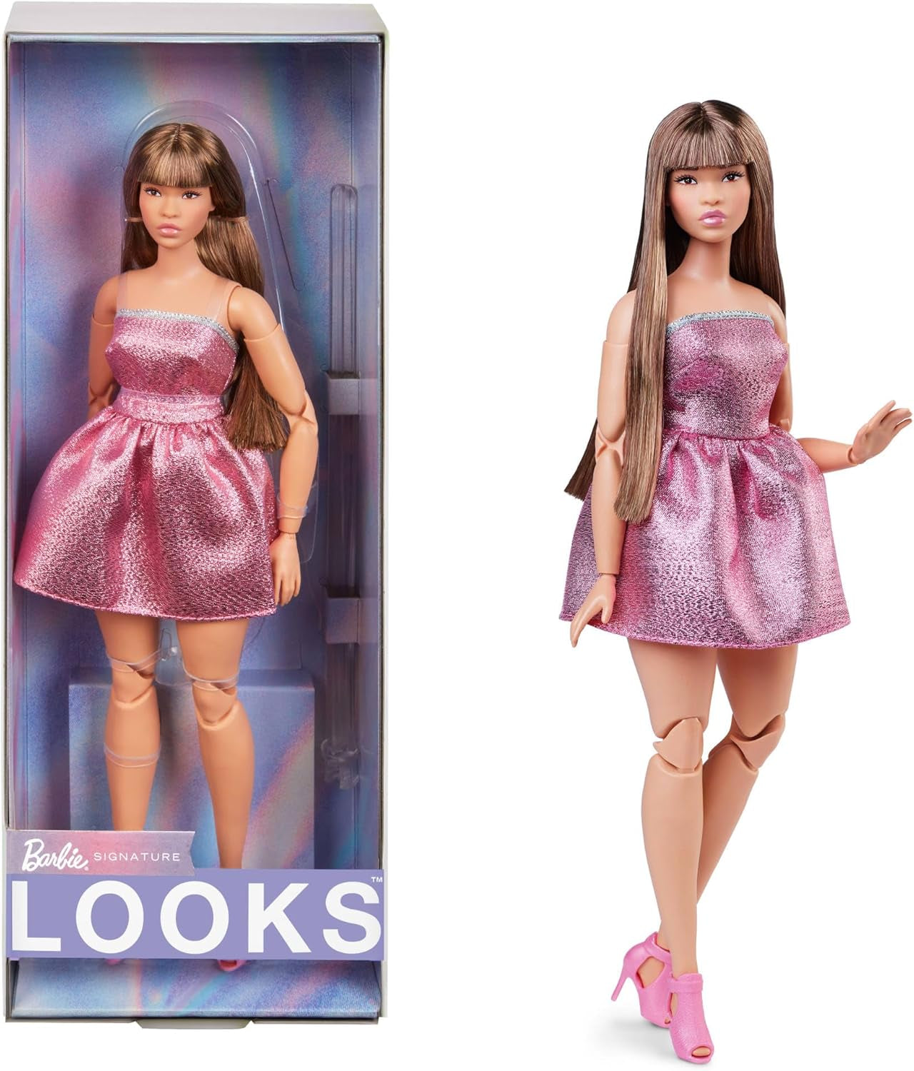 Barbie Looks-pop, verzamelfiguur nr. 24 met bruin haar en moderne Y2K-mode, sprankelende strapless jurk met peep-toe hoge hakken, HRM16 Naty Shop Dolls standaardtitel