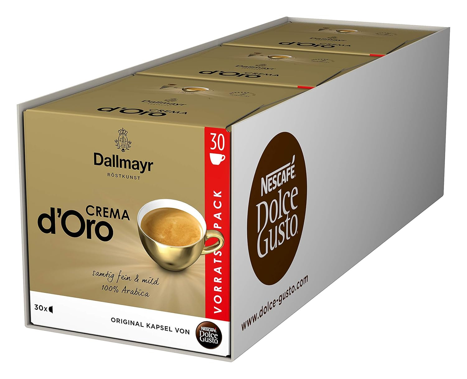 Dallmayr Crema d'Oro, XXL-Vorratsbox & Dallmayr Crema d'Oro intensa (48 Kaffeekapseln, Intensität 9 van 12, 100% Arabica-Bohnen), 3er Pack (3x16 Kapseln)