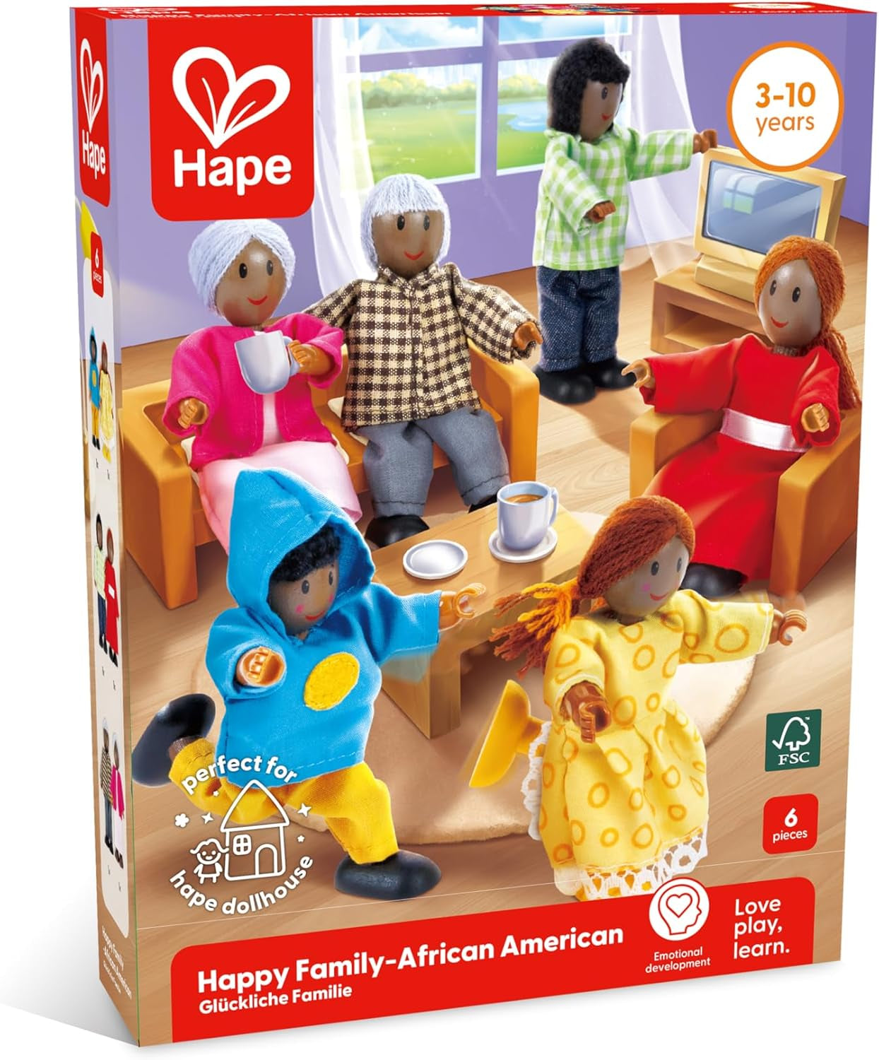 Hape Doll Family - 6-delige donkerleren poppenhuisaccessoireset met houten en stoffen figuren, fantasiespel, educatief speelgoed, interactief leerspeelgoed voor kinderen vanaf 3 jaar