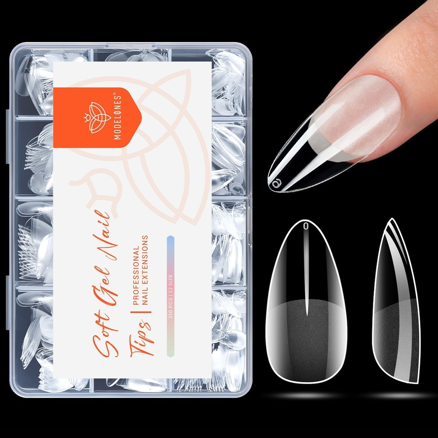 Modelones nageltips 216 stuks - volledige dekking nageltips set, zachte gel tips set, pre-polijsten PMMA hars nageltips, doe-het-zelf lijm op nail art kunstnagels, korte amandelen XS