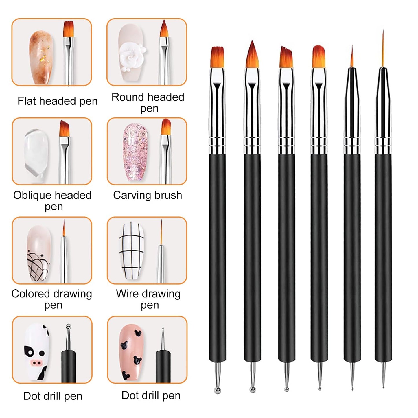 6 Stück Doppel-Ende Nagel Pinsel, Nageldesign Pinsel, Doppel-Ende Nail Art Pinsel Kit Professionelle Maniküre Werkzeuge Kit (Zwart)