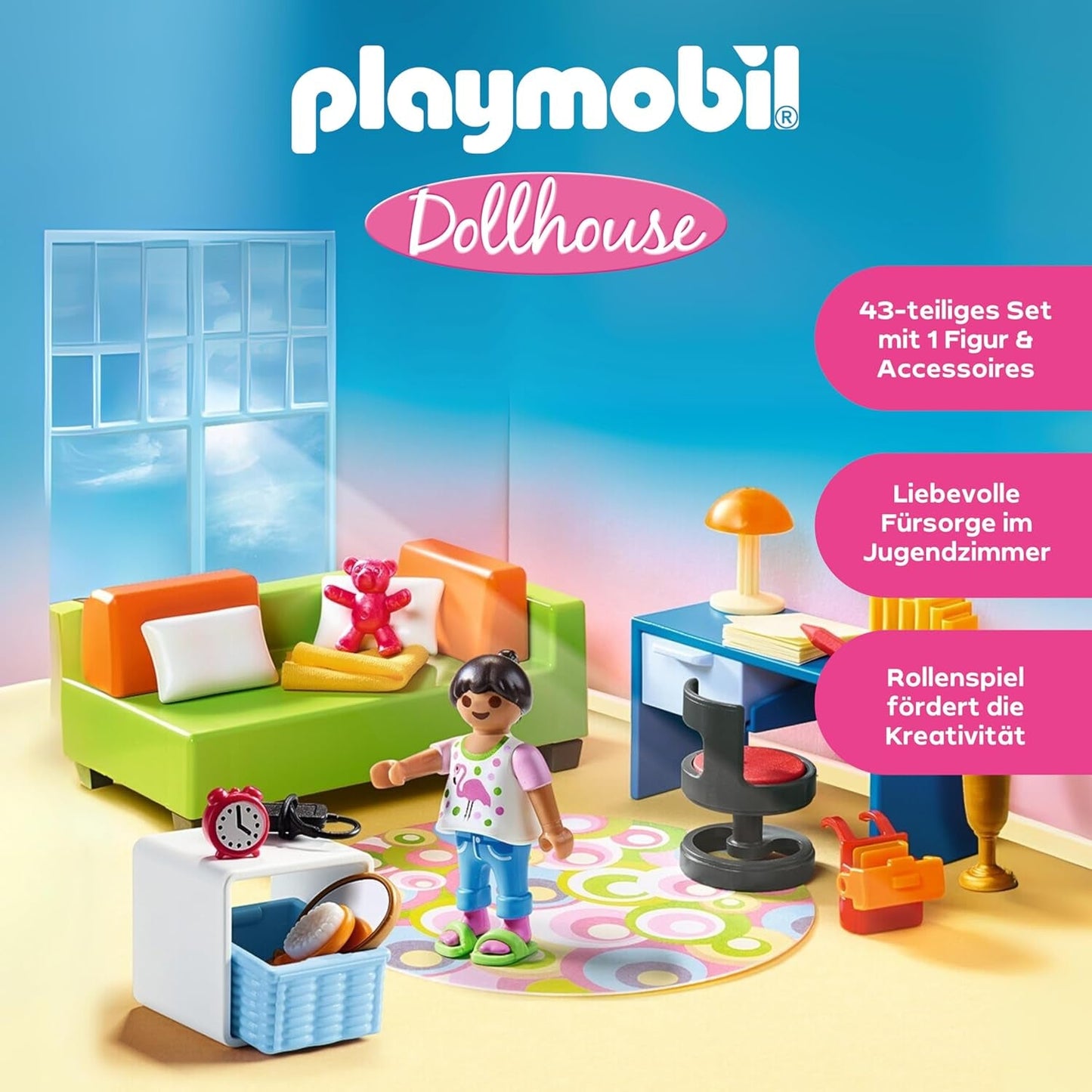 PLAYMOBIL Poppenhuis 70209 Jeugdkamer met meisjesfiguur en accessoires, vanaf 4 jaar