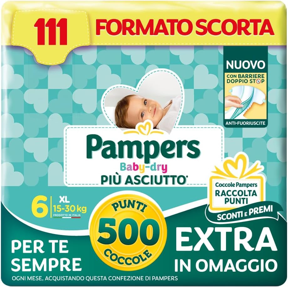 Pampers Baby Dry XL Maat 6 (15-30kg), 111 Luiers + 500 Gratis Extra Knuffelpunten