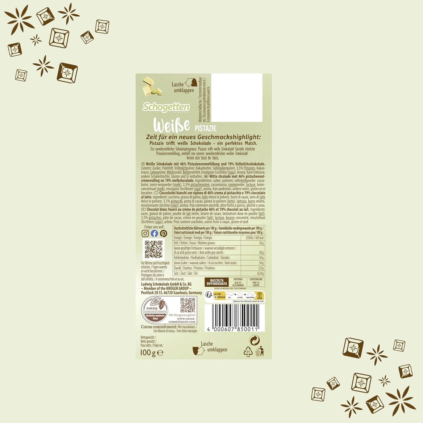 Schogenten Witte Pistache | Witte chocolade met pistachecrèmevulling | 100 gram | Handig geportioneerd (pak van 3)